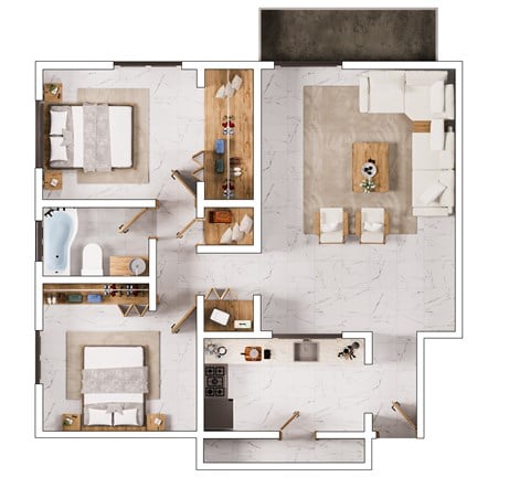 Floor plan for 2 beds, 1 bath, 735 sqft